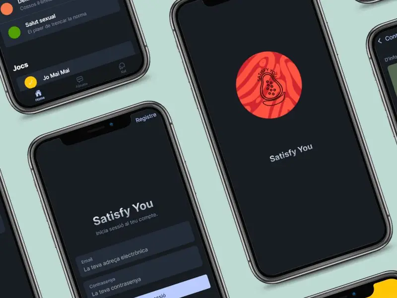 Diverses pantalles de l'app Satisfy You en mòbils: inici de sessió, portada i llistat de temes.