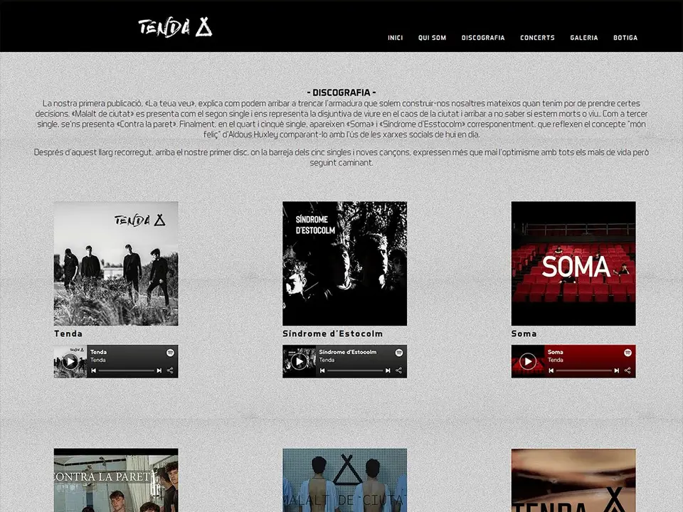 Secció de discografia de la web del grup Tenda, amb les portades dels senzills.